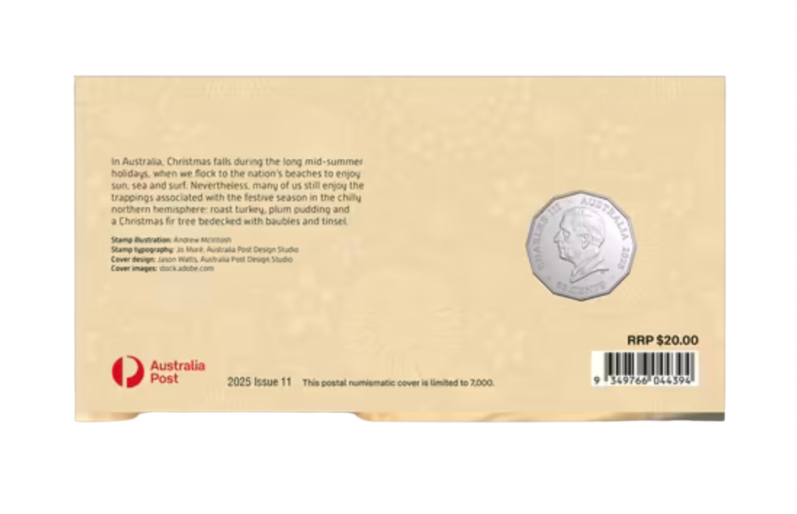 Back of an Australia Post Christmas postal numismatic cover with “Merry Christmas” heading and descriptive text about Christmas in Australia