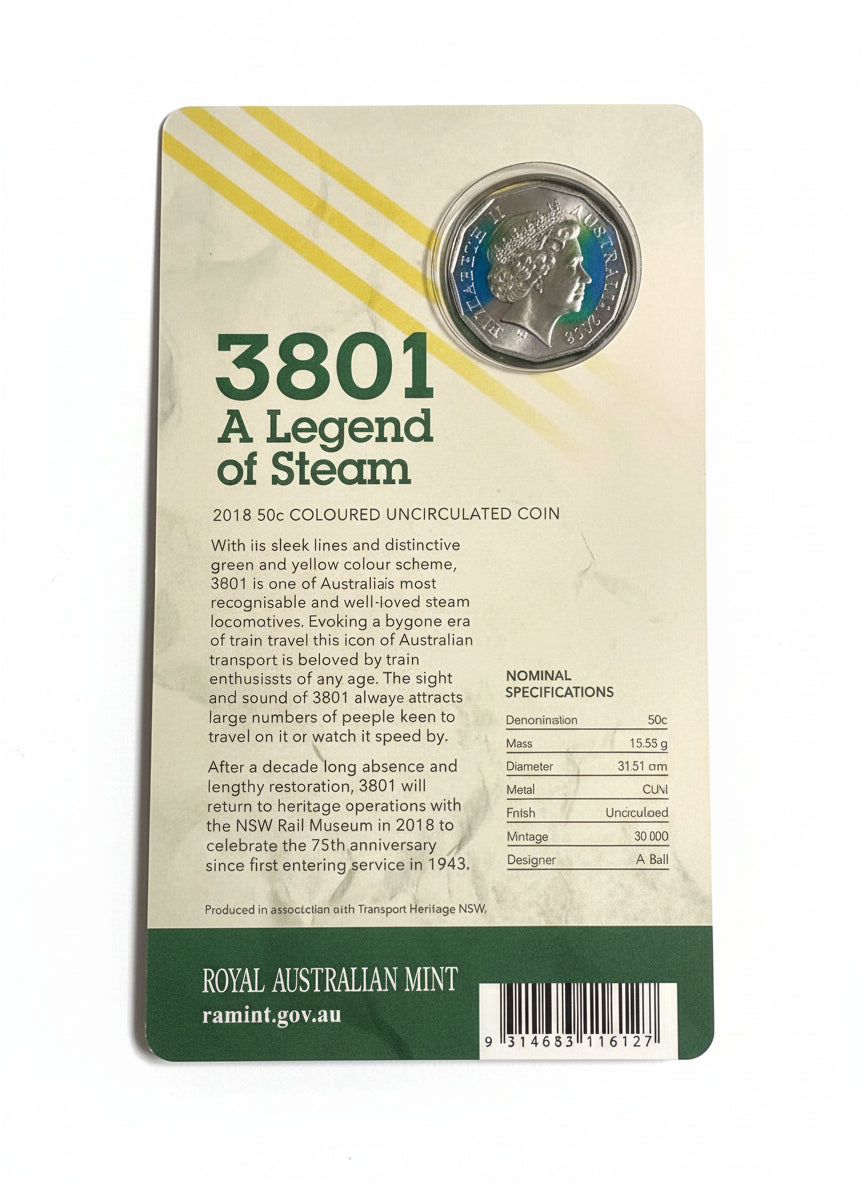 2018 50 Cent - 3801 A Legend of Steam Coloured Carded Coin - New Age Numismatics