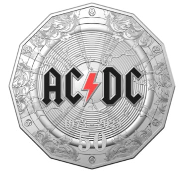 2023 50 Cent AC/DC Coloured Coin - 50th Anniversary of AC/DC Carded Coin - New Age Numismatics