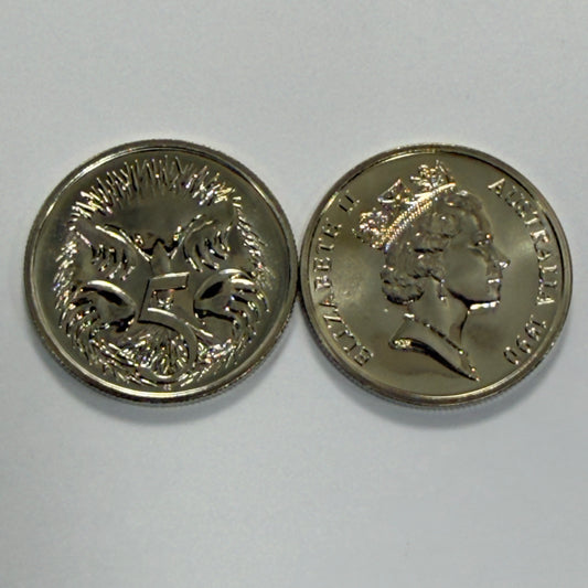 1990 5 Cent Coin - Choice Uncirculated - ex mint set - Five Cent 5c - comes in 2x2