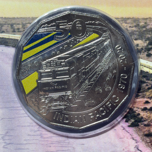 2020 50 Cent - Indian Pacific 50th Anniversary Coloured Carded Uncirculated Coin