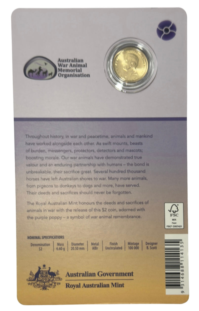 2024 $2 Purple Poppy C Mint - War Animals Remembrance Coin - Two Dollar