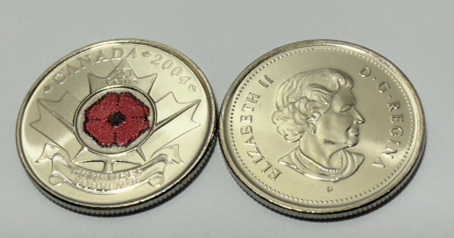 2004 Canadian Quarter - Uncirculated 25c - Remembrance Poppy Coloured - In 2x2
