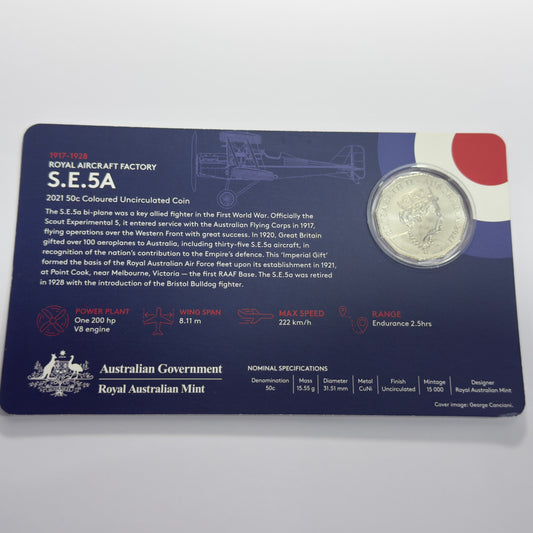 2021 50 Cent Coloured Coin - Royal Aircraft Factory S.E.5A - Uncirculated