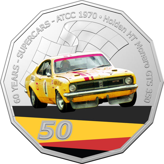 2020 Coloured 50 Cent Coin - 1970 HT Monaro Norm Beechey GTS 350 - New Age Numismatics