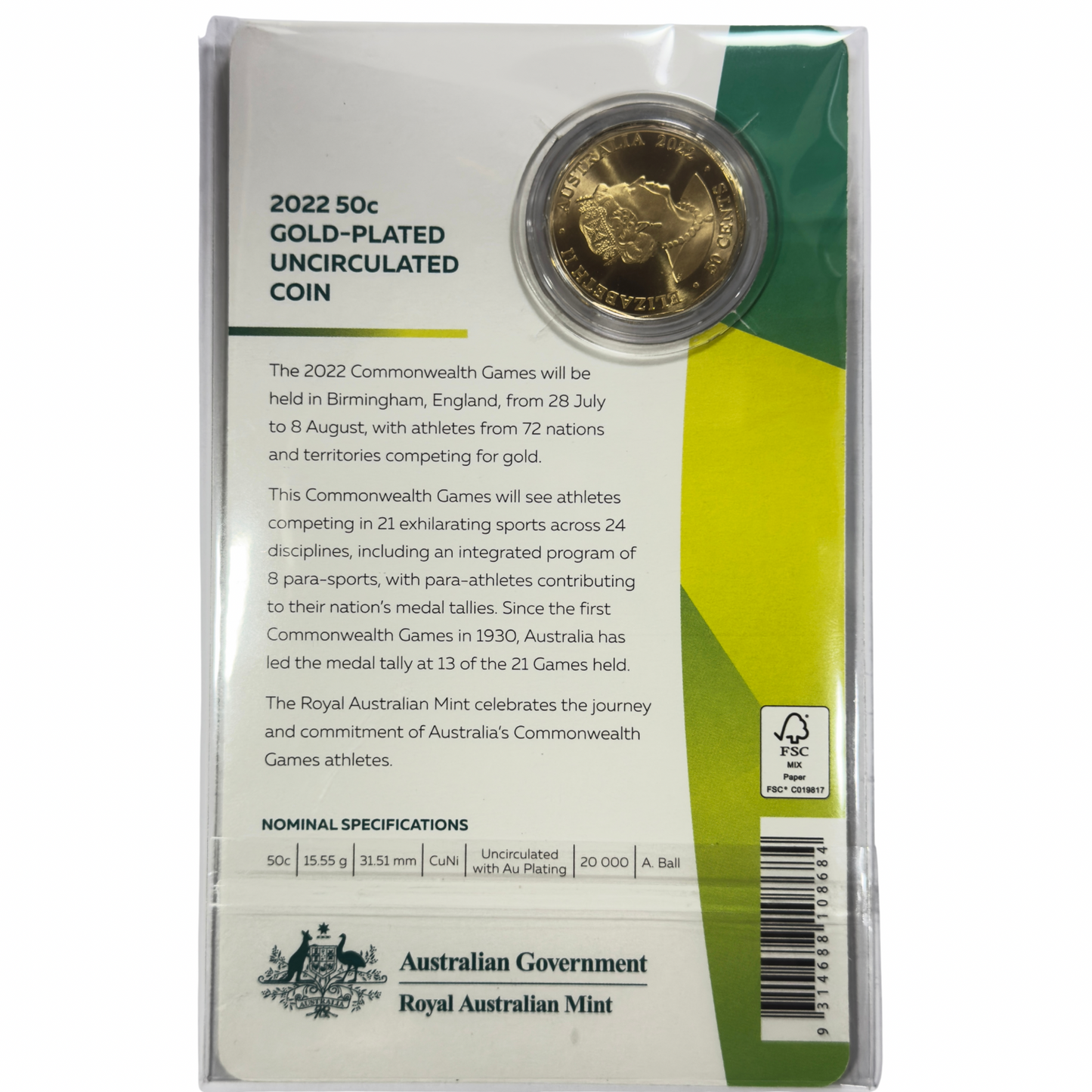 2022 50 Cent - Gold Plated Commonwealth Games Team - Uncirculated Carded