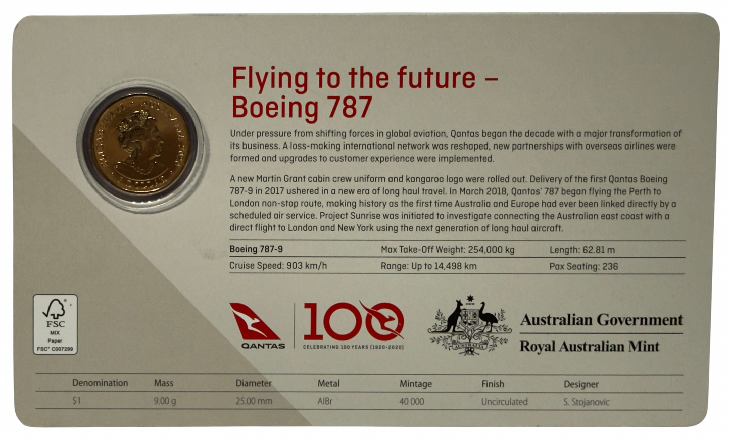 2020 $1 Coloured Qantas 787 Coin - Celebrating 100 Years - Carded Uncirculated