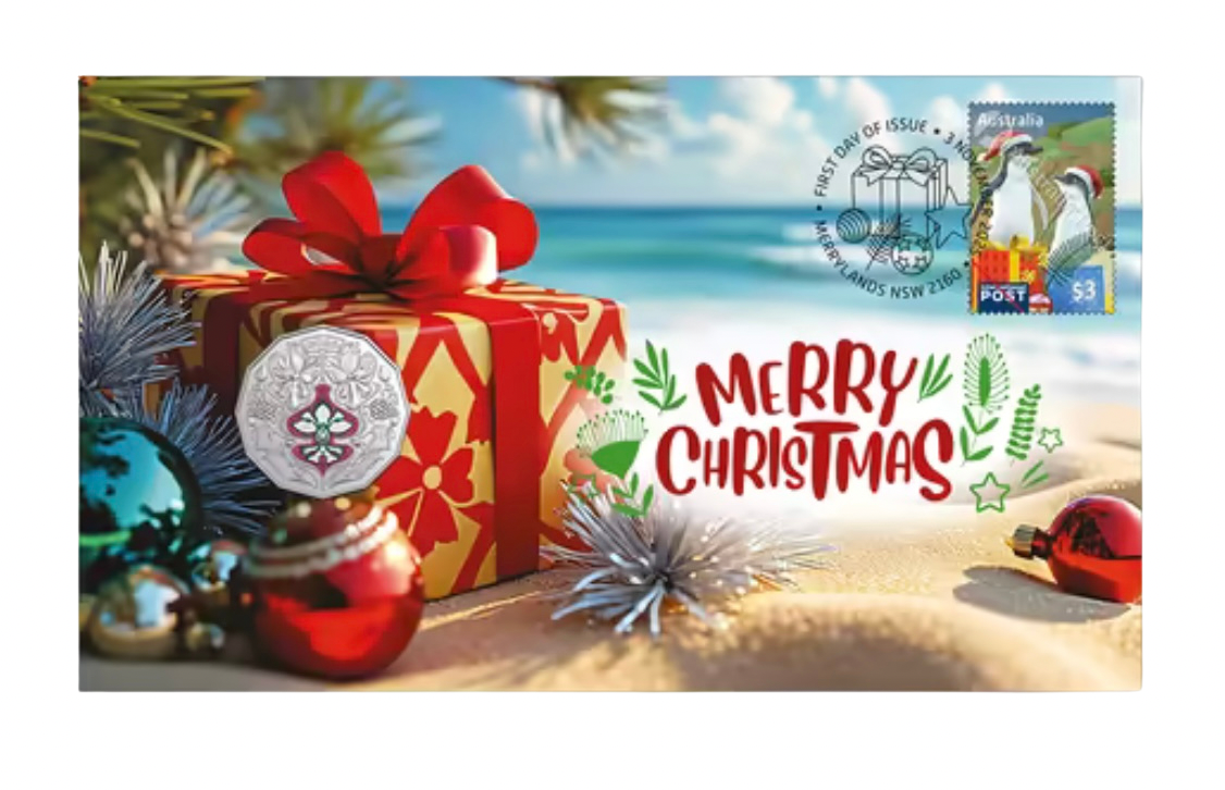 Front of Australia Post Christmas postal numismatic cover showing a beach scene with a wrapped gift, Christmas decorations, “Merry Christmas” lettering, and Australian Christmas stamps.
