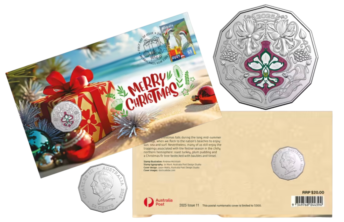 Composite image of an Australia Post Christmas postal numismatic cover set, showing the front with a beach-themed Christmas design and “Merry Christmas” text, Australian Christmas stamps, and festive decorations; the back with descriptive text, Australia Post branding, 2025 Issue 11 details, and pricing; alongside close-up views of the commemorative coin including a decorative 2025 design and the obverse featuring King Charles III.