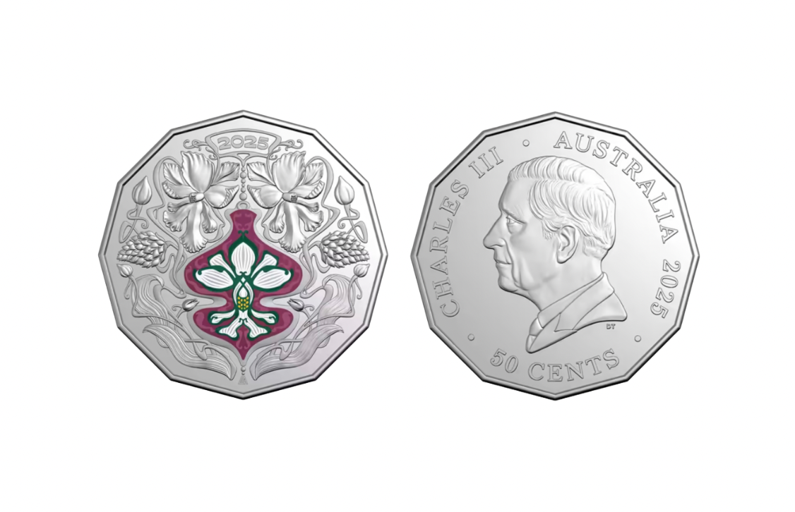 Obverse and Reverse of the 2025 Festive florals 50 Cent coin 