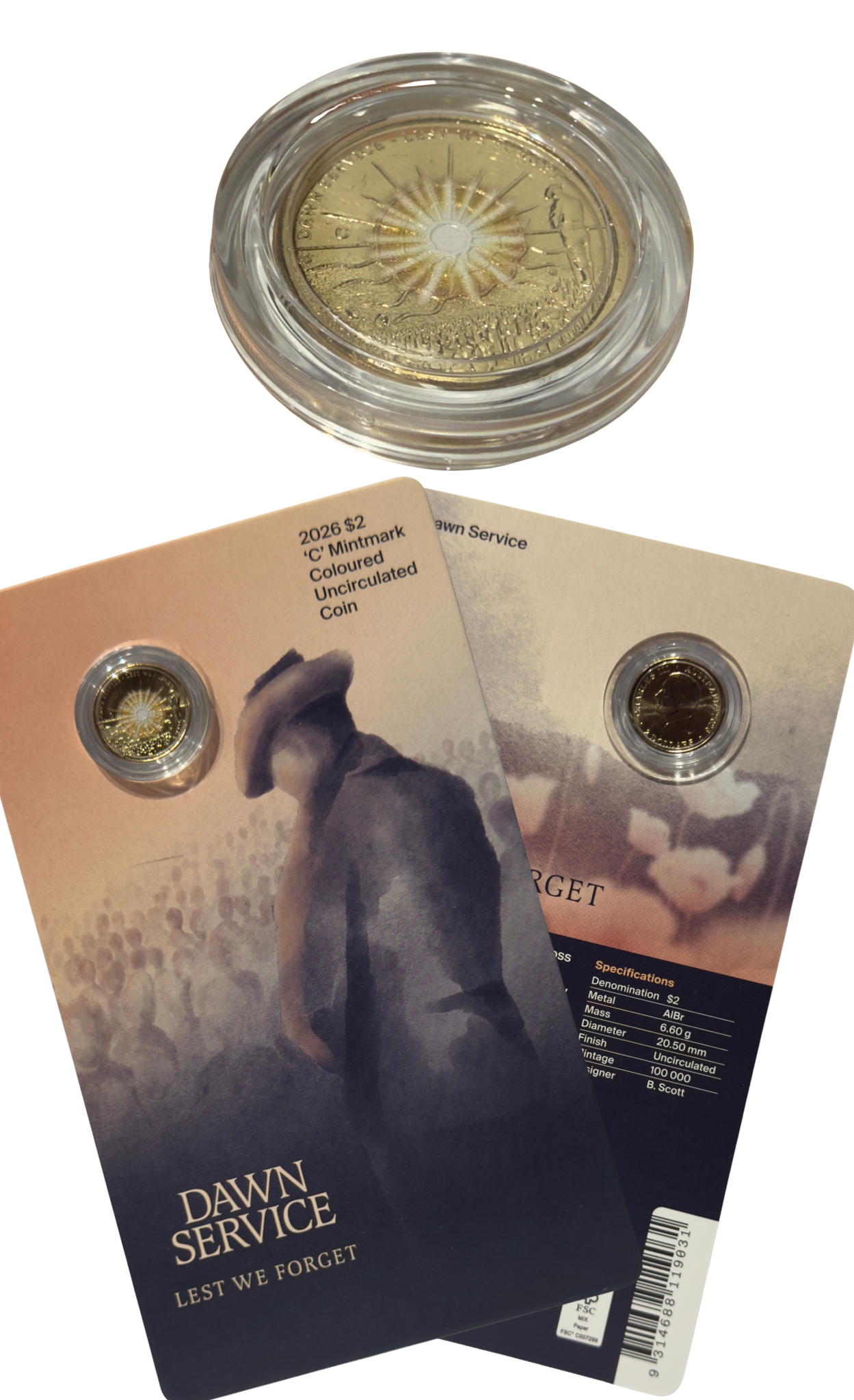 2026 $2 C Mint Dawn Service coloiured coin carded