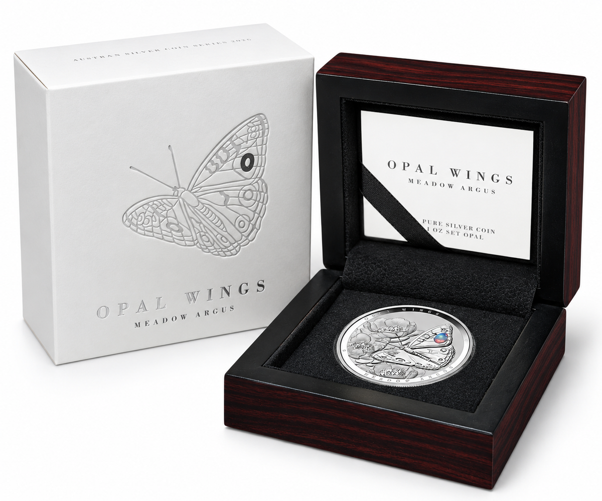 2026 Australian Opal Wings - 1 Oz Silver Proof Coin - Opal Insert - Meadow Argus