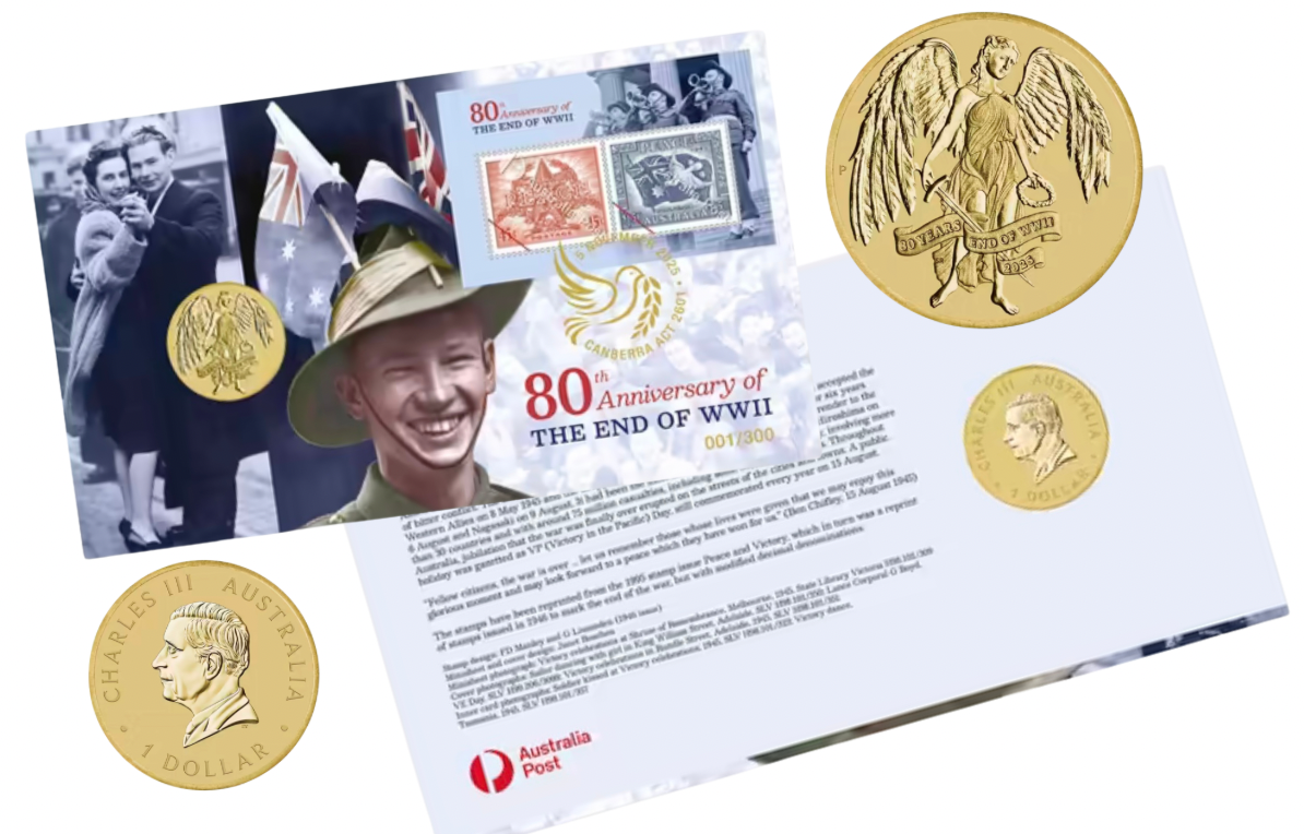 80th Anniversary WWII Impressions postal numismatic cover with Al-Br commemorative $1 coin, numbered 230/300
