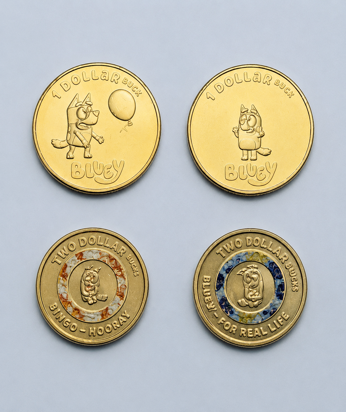 Bluey Bundle Pack 2 x $2 Coloured 2026 and 2 x $1 Coins 2024 ALL Uncirculated in 2x2