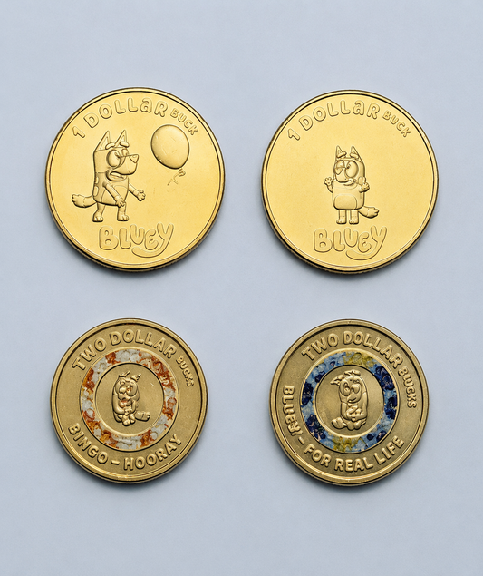 Bluey Bundle Pack 2 x $2 Coloured 2026 and 2 x $1 Coins 2024 ALL Uncirculated in 2x2