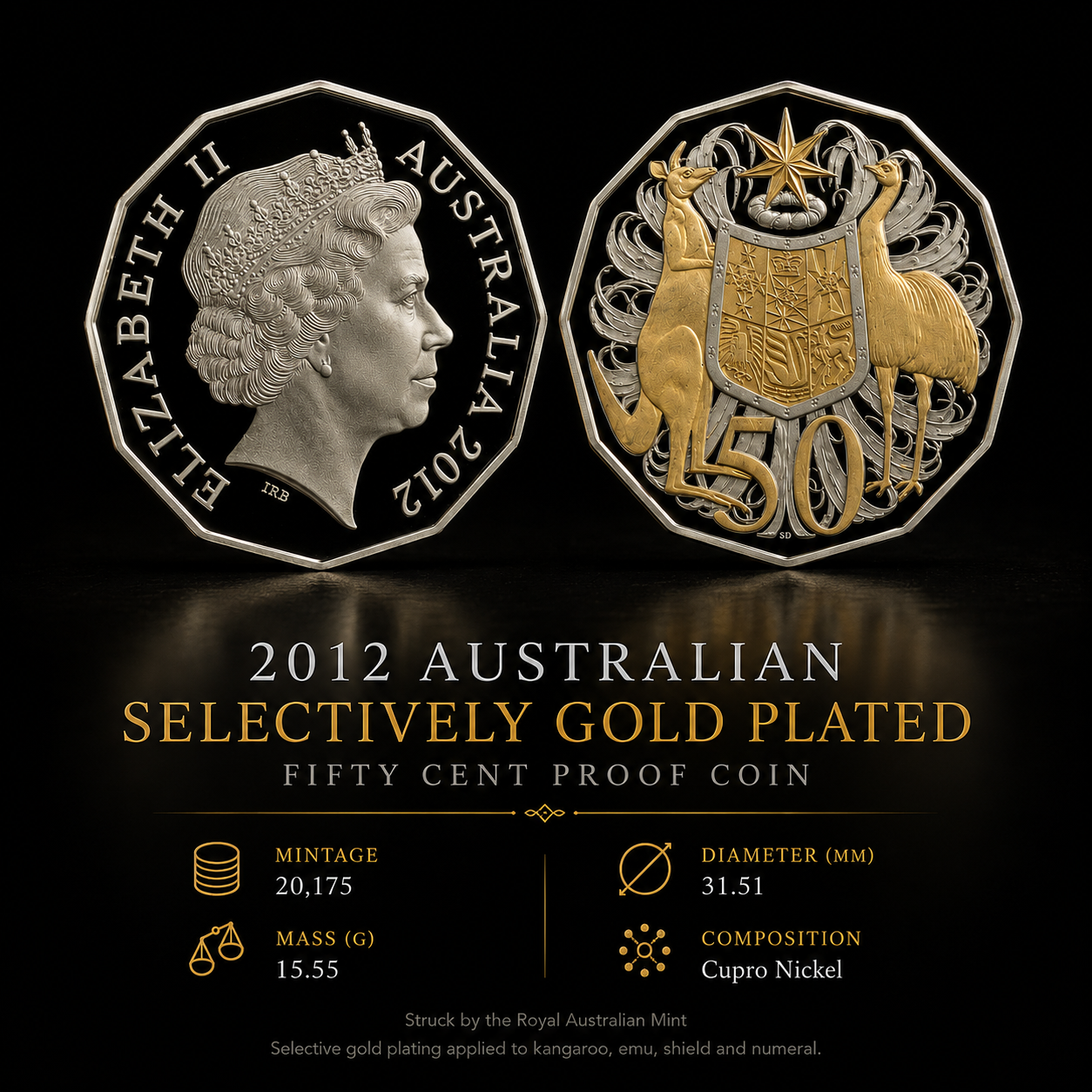 2012 50 Cent Proof Coin - Selectivly Gold Plated - Only 20,175 Made