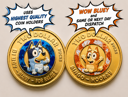 2026 $2 Bluey & Bingo Coloured Coins - Uncirculated 2 Coins in 2x2s see pics