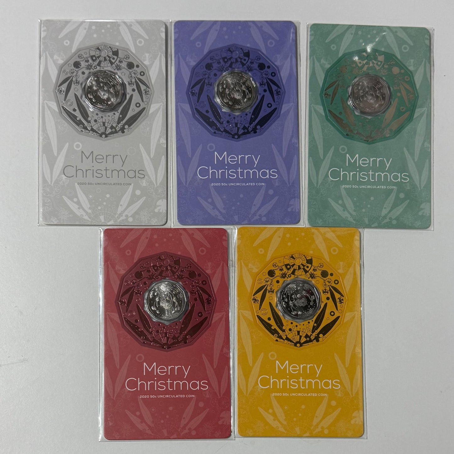2020 Merry Christmas 50 Cent Carded Coin Set of 5 - Complete Fifty Cent Carded Set 50c