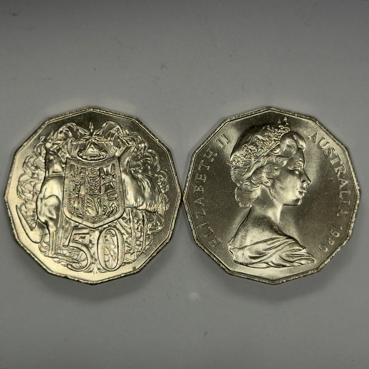 1980 50 Cent Coin - Uncirculated - DOUBLE BAR - Ex RAM Roll See Pics - comes in 2x2