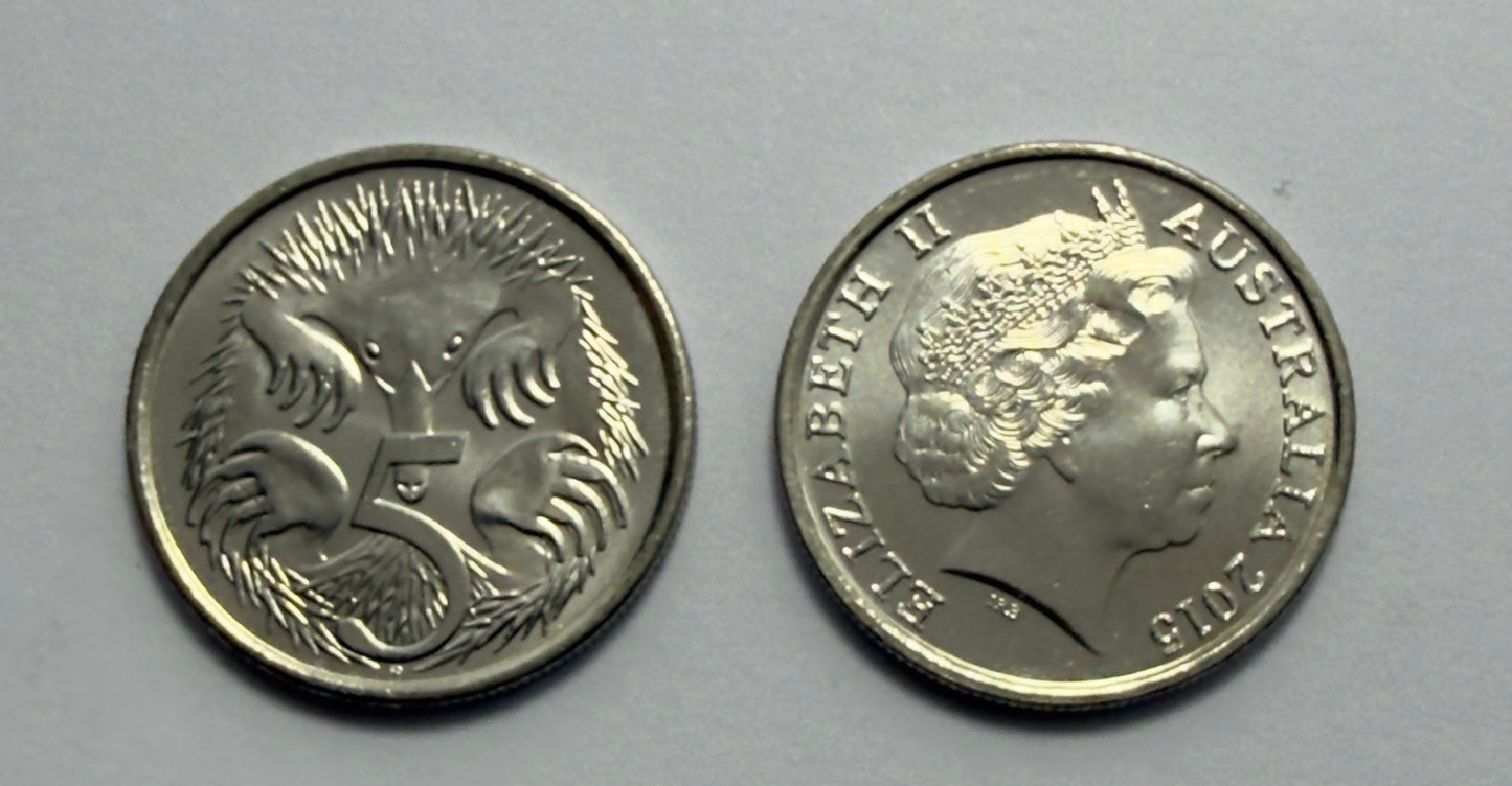 2015 5 Cent Coin - Uncirculated - Five Cent Echidna - comes in 2x2