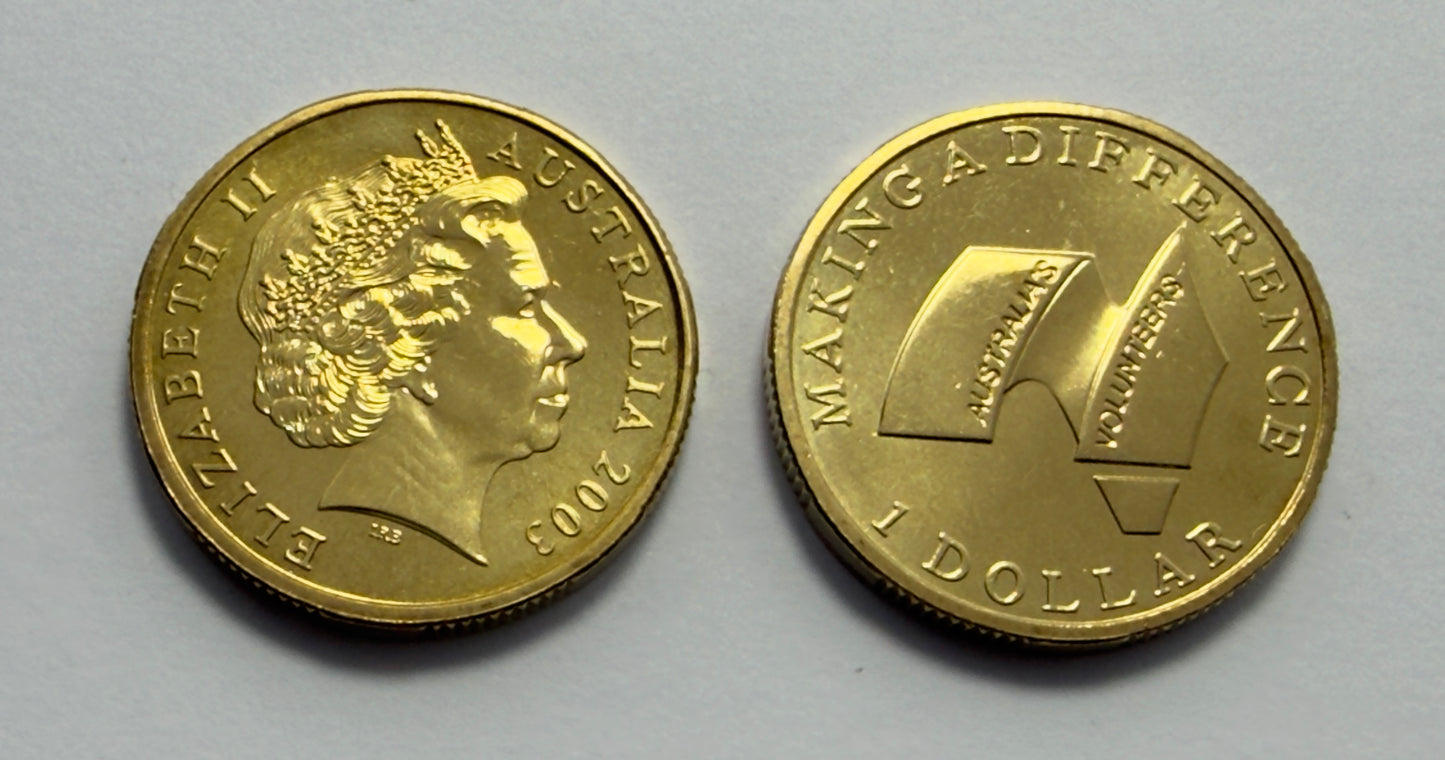 2003 $1 Coin - Australia's Volunteers - Uncirculated - ex mint set - in 2x2
