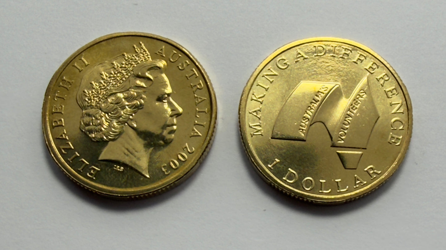 2003 $1 Coin - Australia's Volunteers - Uncirculated - ex mint set - in 2x2