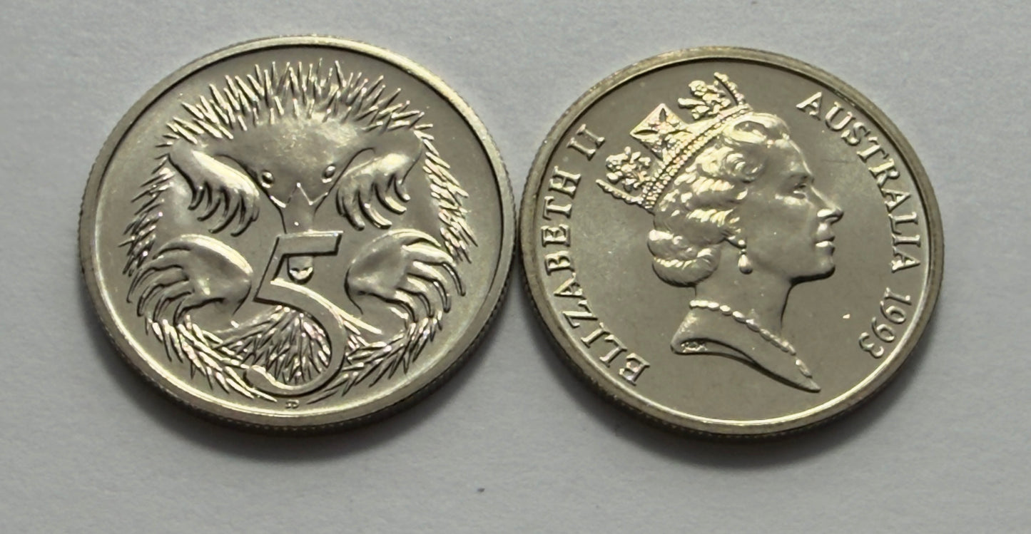 1993 5 Cent Coin - Choice Uncirculated - ex mint set coin - comes in 2x2