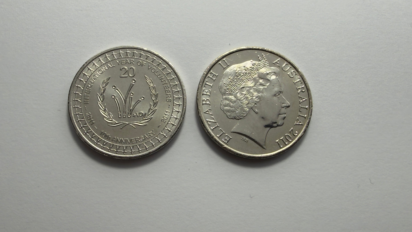2011 20 Cent Coin - Uncirculated - Year of Volunteers Anniversary - in 2x2