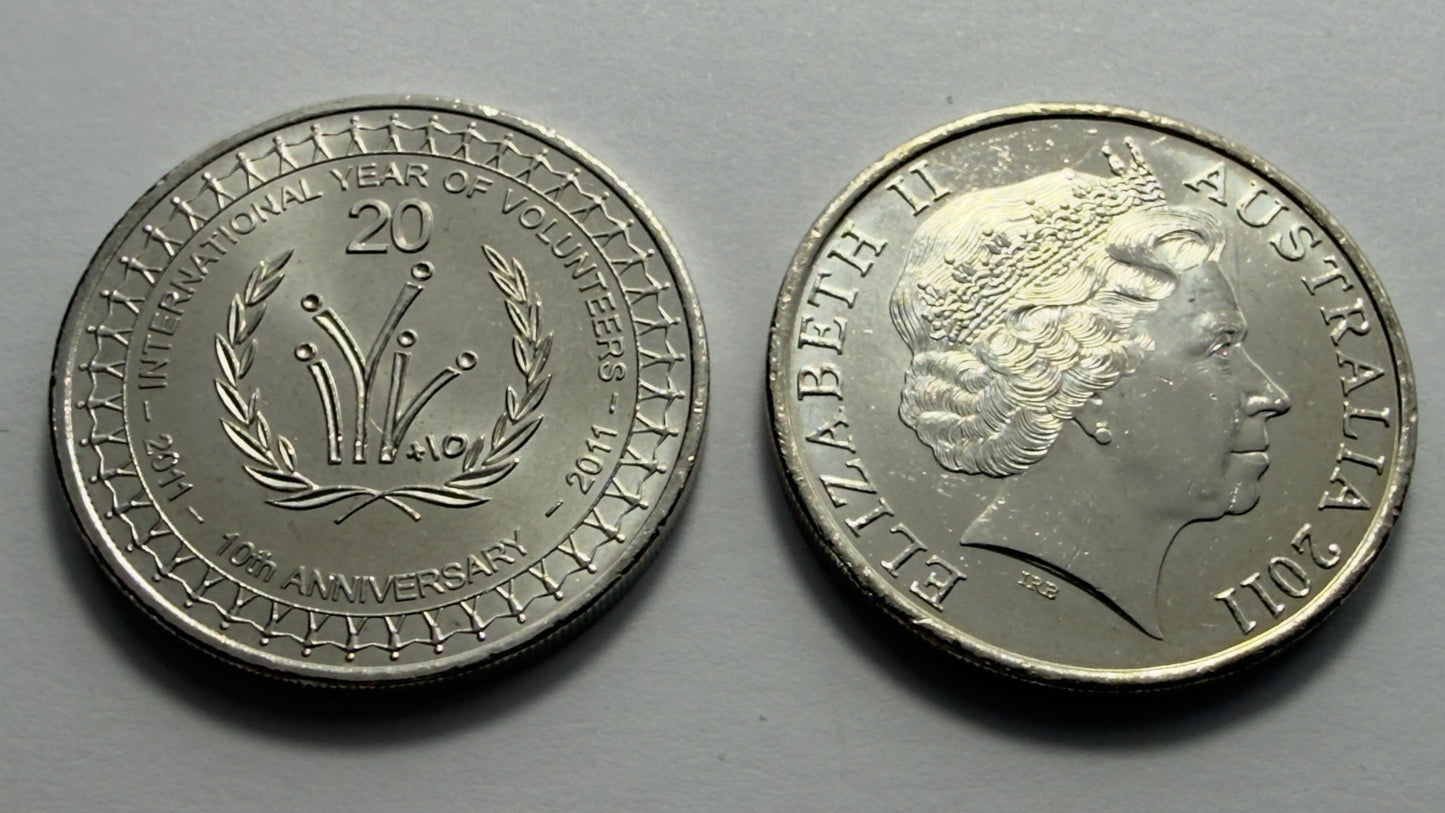 2011 20 Cent Coin - Uncirculated - Year of Volunteers Anniversary - in 2x2