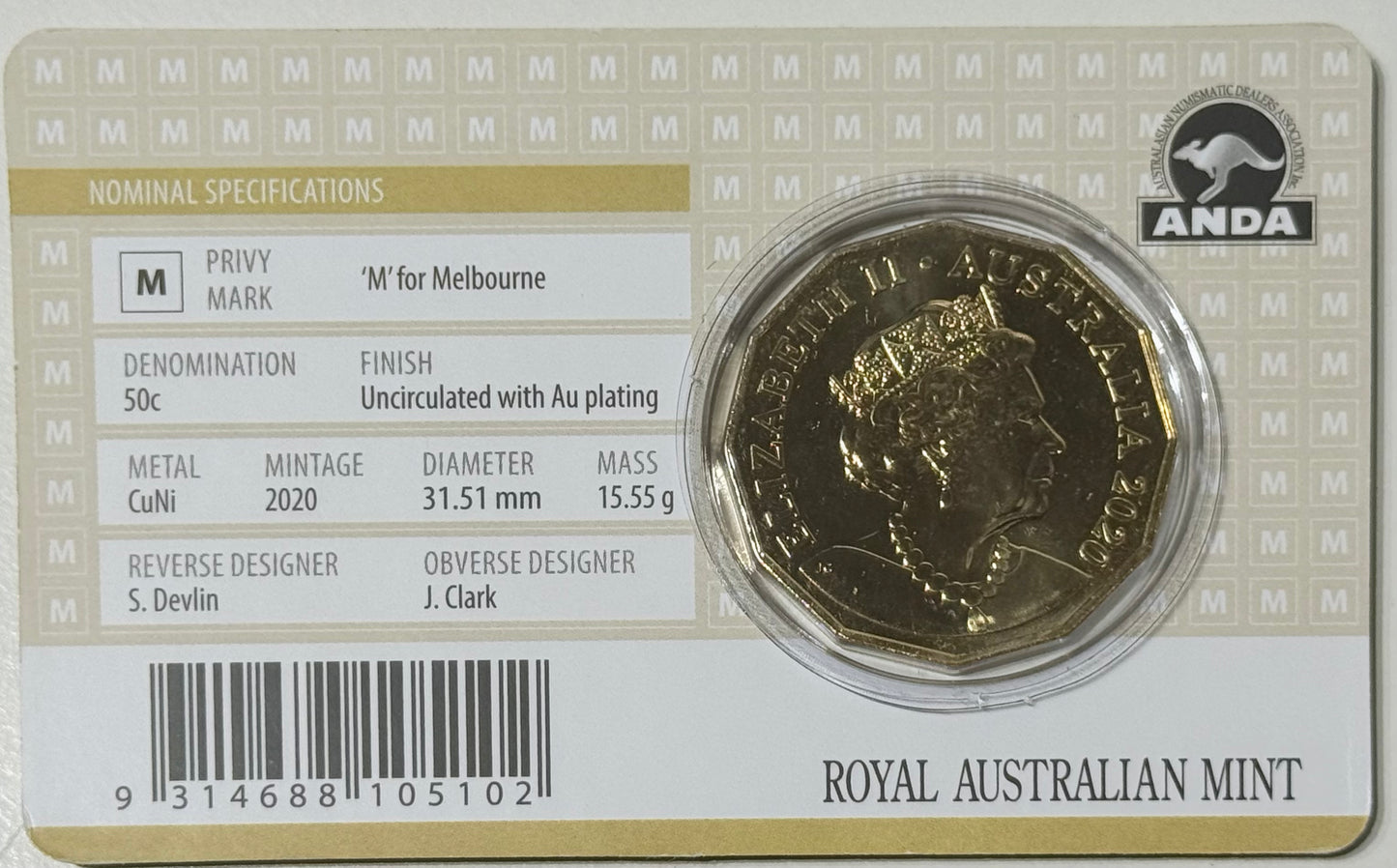 2020 50 Cent - ANDA Gold Plated M Privymark - Fifty Cent - ONLY 2020 Made