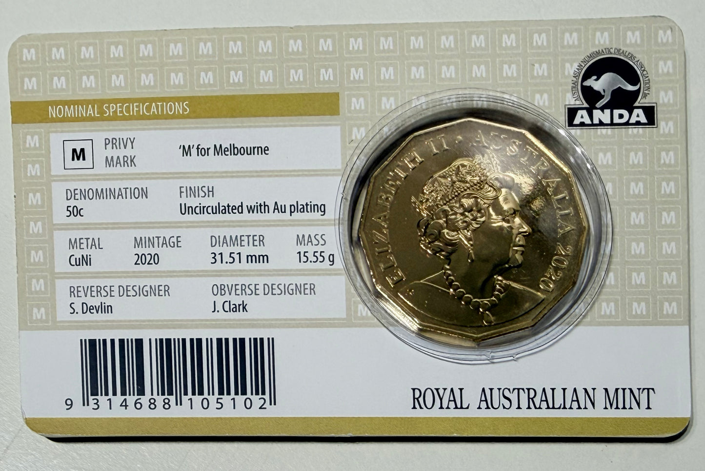 2020 50 Cent - ANDA Gold Plated M Privymark - Fifty Cent - ONLY 2020 Made