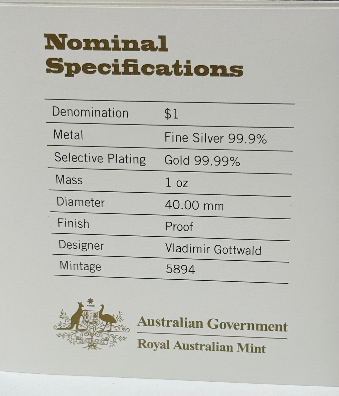 2009 $1 Silver Proof Coin - Adelaide Assay Office - Selectively Gold Plated 1 Oz Coin