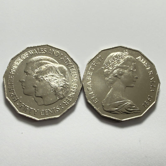 1981 50 Cent Coin -  Uncirculated - Prince of Wales & Lady Diana - 50c in 2x2