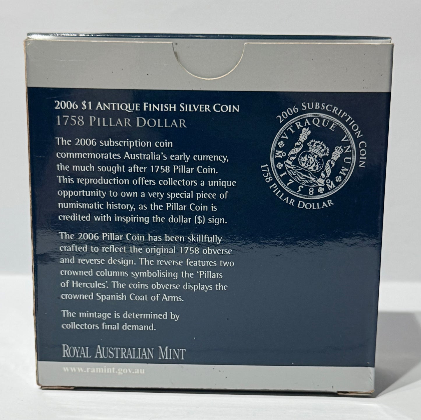 2006 $1 Antiqued Finish Silver Coin - 1758 Pillar Dollar Subscription Coin 60.5g