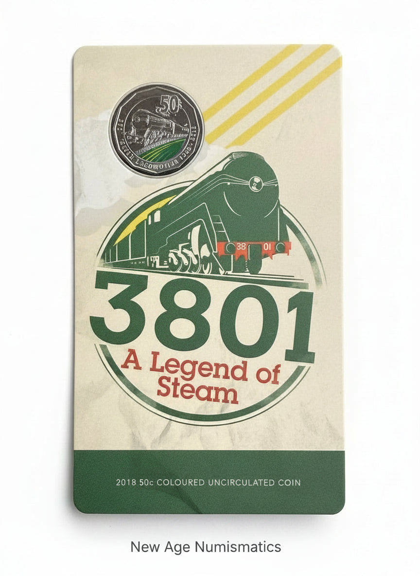 2018 50 Cent - 3801 A Legend of Steam Coloured Carded Coin - New Age Numismatics