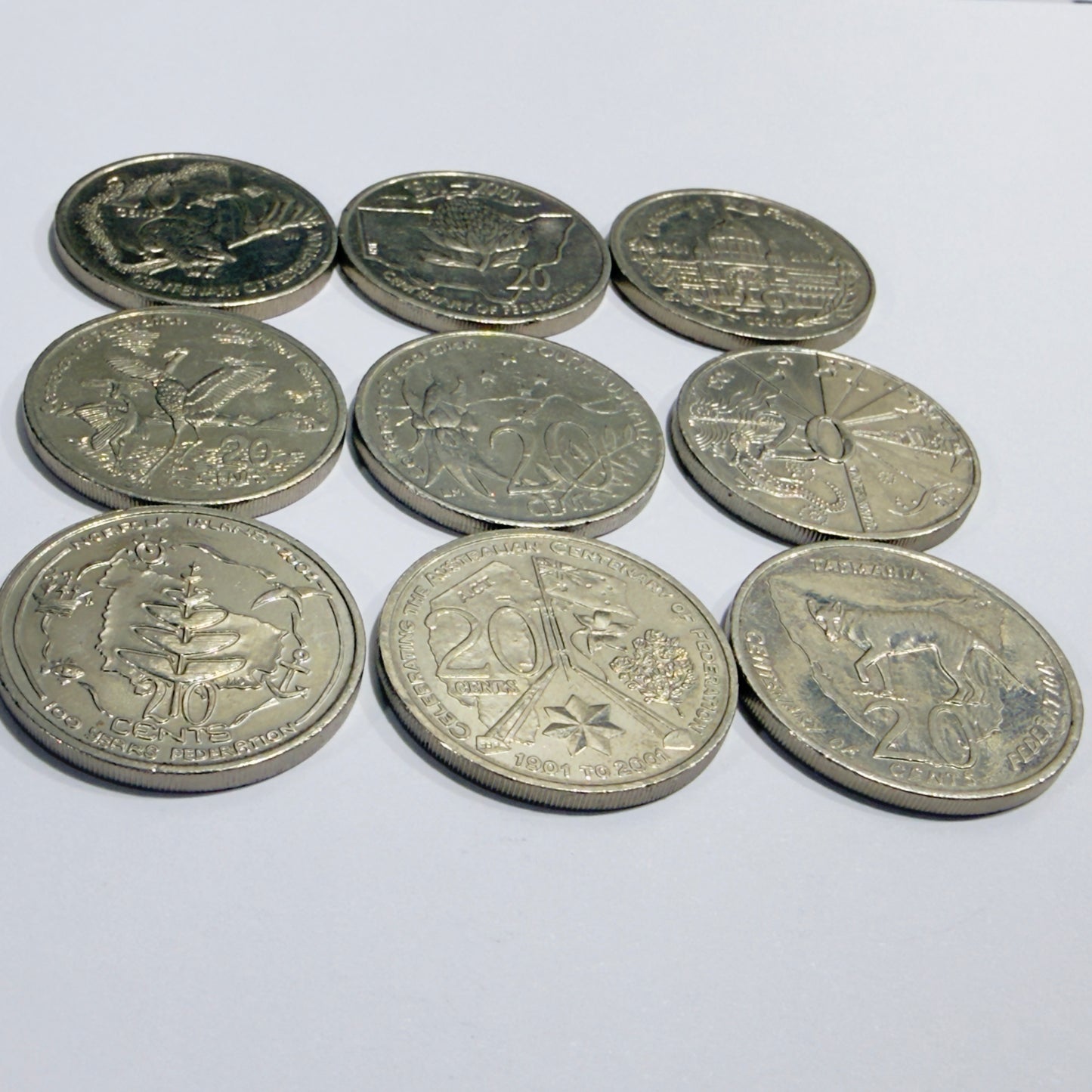 2001 20 Cent Federation Coins - All 9 States - Circulated - will come in 2x2s