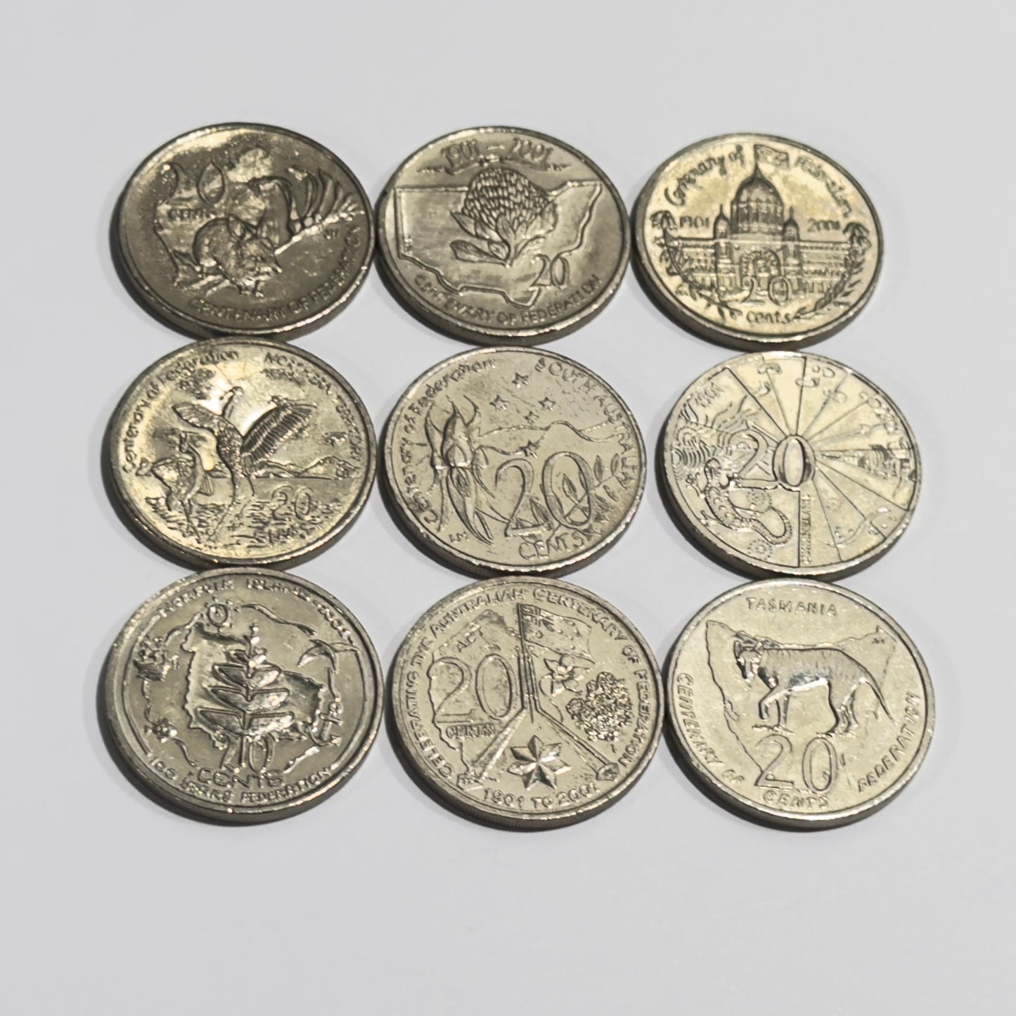 2001 20 Cent Federation Coins - All 9 States - Circulated - will come in 2x2s