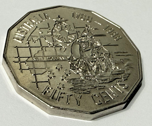 1988 50 Cent Coin - Bicentennial Tall Ships - Uncirculated - comes in 2x2