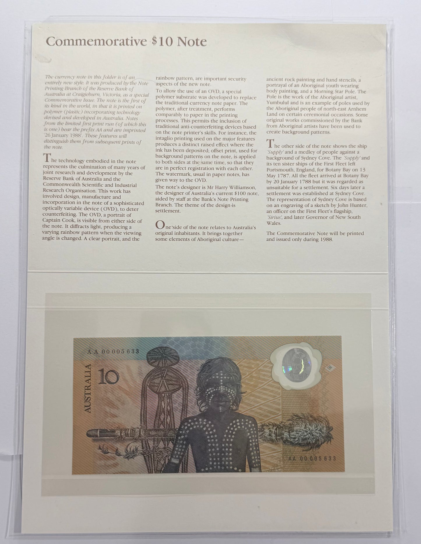 1988 $10 Bicentennial Note - Folder Issue 1st Prefix AA00 005633 - Polymer $10