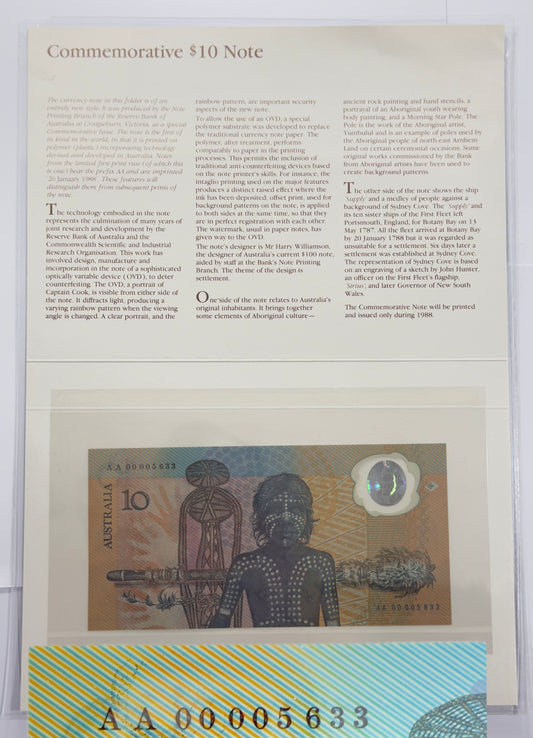 1988 $10 Bicentennial Note - Folder Issue 1st Prefix AA00 005633 - Polymer $10