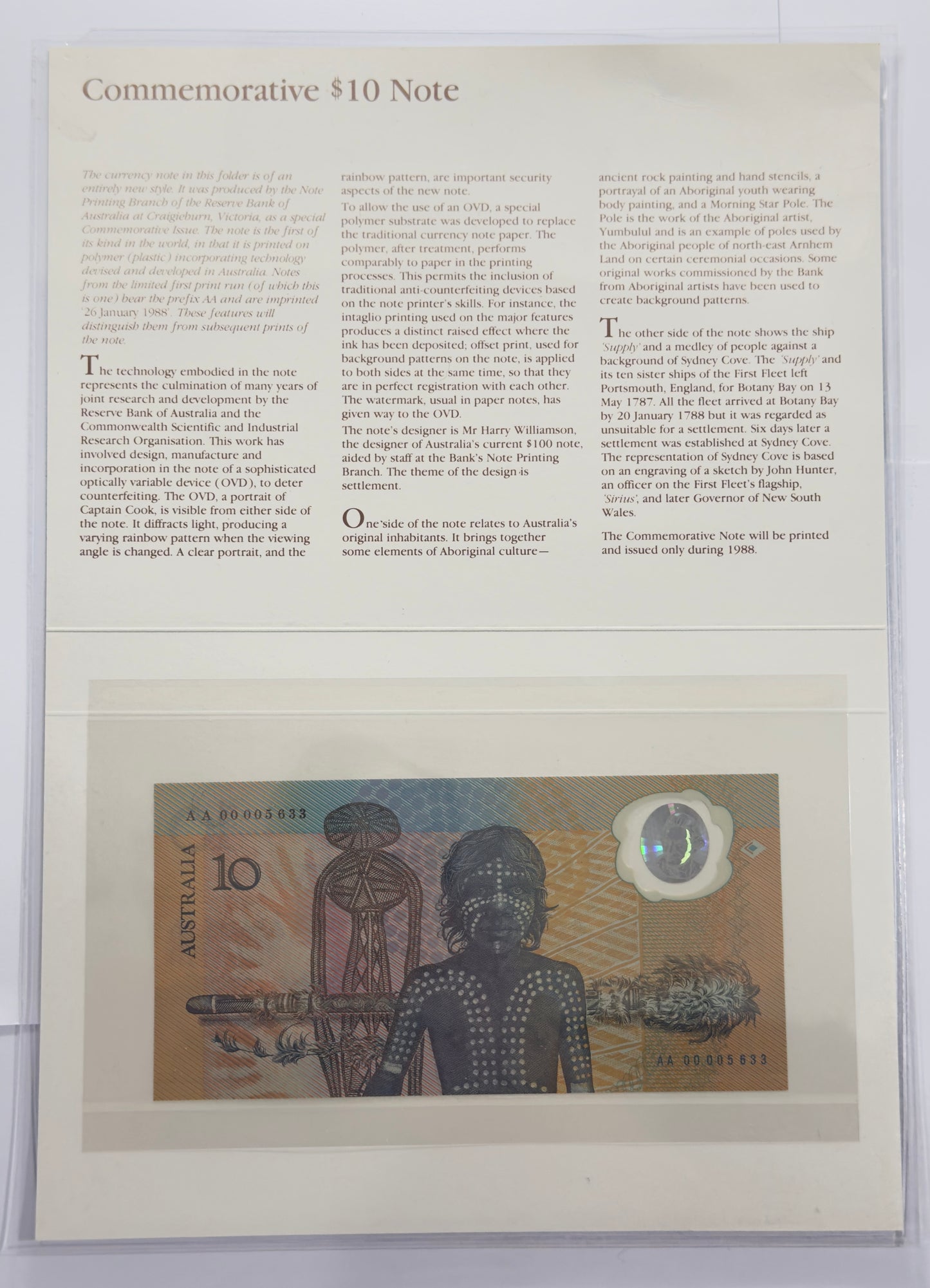 1988 $10 Bicentennial Note - Folder Issue 1st Prefix AA00 005633 - Polymer $10