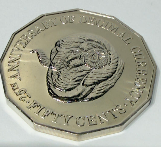 1991 50 Cent Coin - RAMS HEAD - Choice Uncirculated - Ex MINT SET Coin - in 2x2