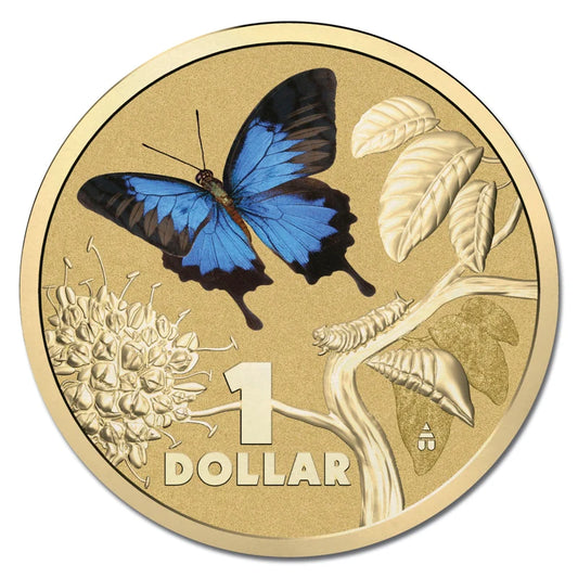 2014 $1 Colour Printed Coin - Bright Bugs Series - Ulysses Butterfly - New Age Numismatics