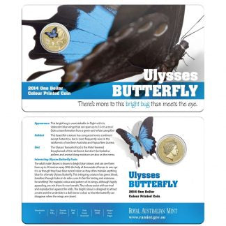 2014 $1 Colour Printed Coin - Bright Bugs Series - Ulysses Butterfly - New Age Numismatics