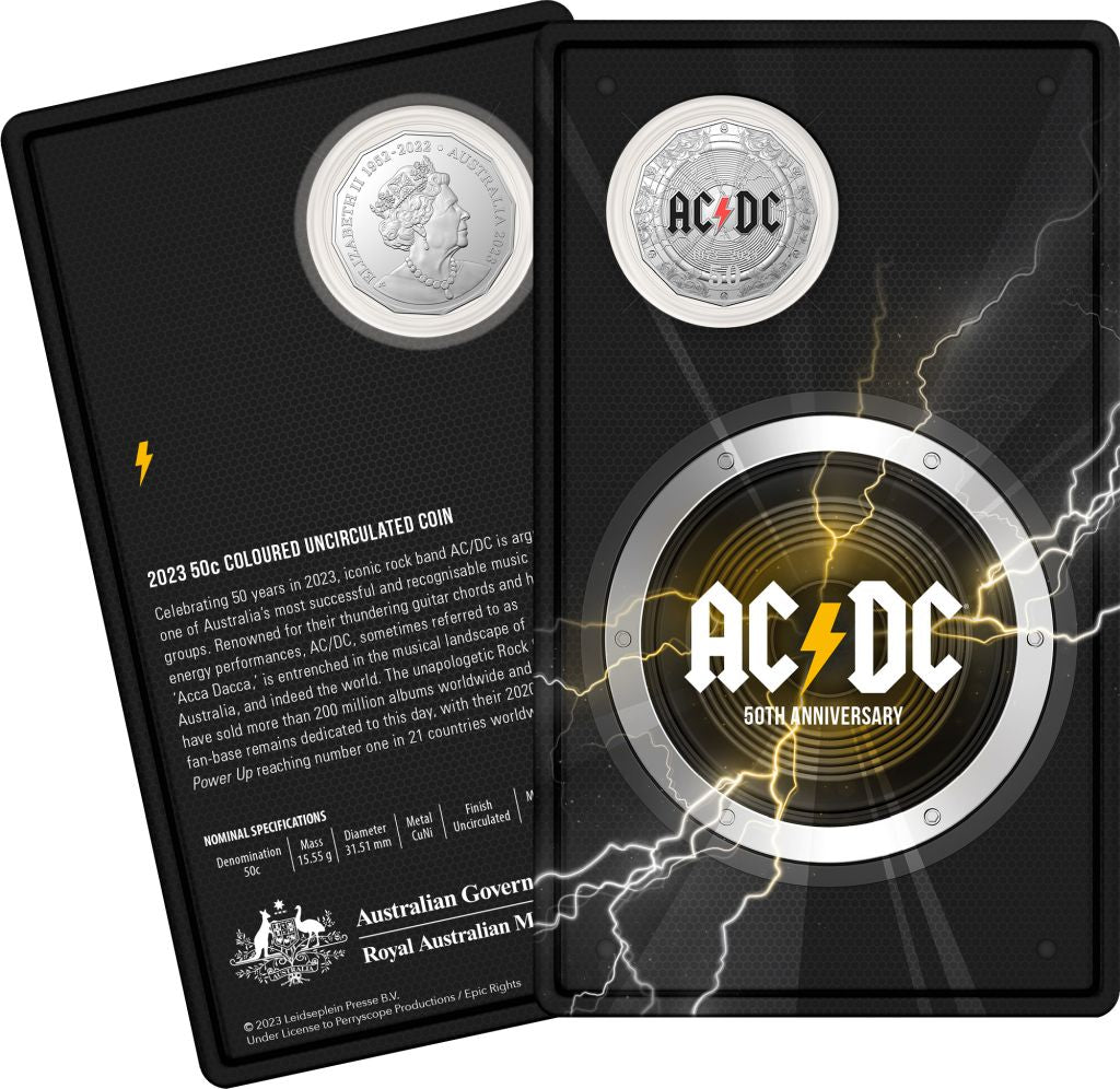 2023 50 Cent AC/DC Coloured Coin - 50th Anniversary of AC/DC Carded Coin - New Age Numismatics