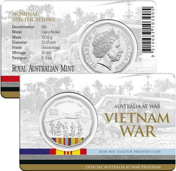 2016 50 Cent Vietnam War Colour Printed Coin - Australia at War Series - New Age Numismatics
