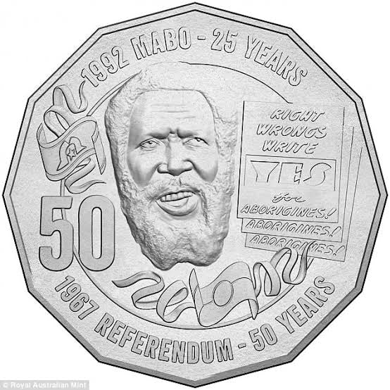 Eddie MABO Commemorative 50 Cent Coin detailed reverse with picture of eddie mabo accompanied by 50 years celebrations banner since the 1967 referendum