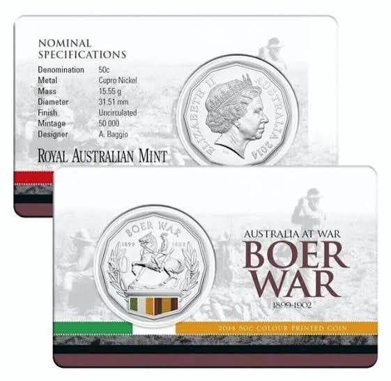 2014 Coloured 50c - Australia At War - BOER WAR 50 Cent Carded Coin - New Age Numismatics