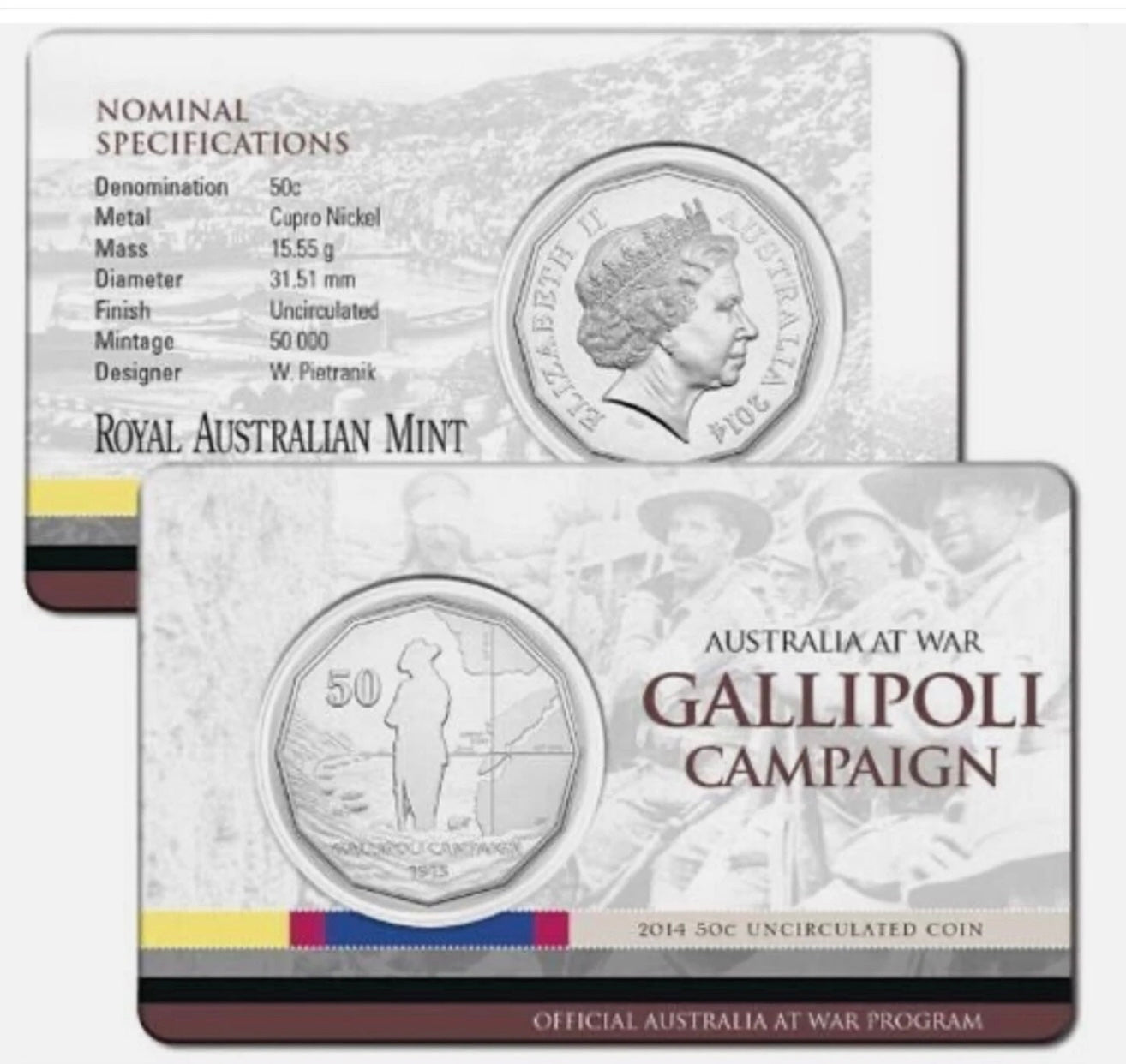 2014 50 Cent - Gallipoli Campaign - Australia at War Series - Uncirculated - New Age Numismatics