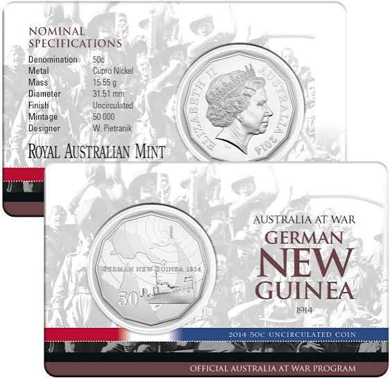 2014 50 Cent Carded Coin - German New Guinea 1914 - Australia At War - New Age Numismatics